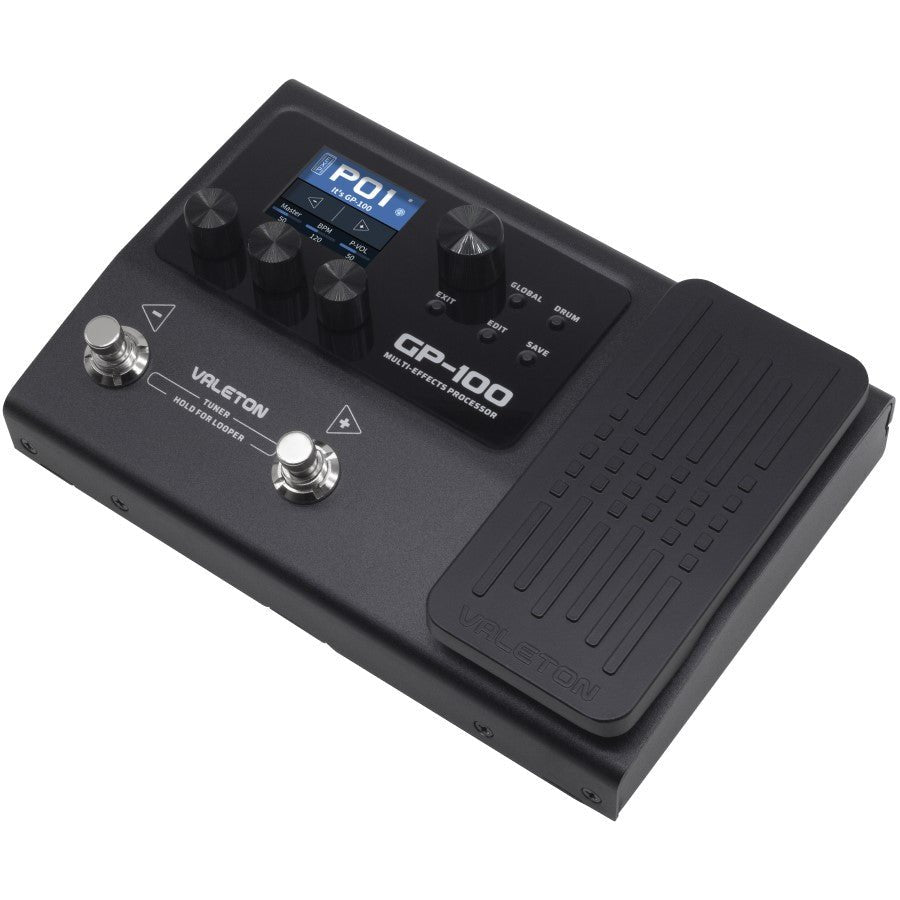Valeton GP-100 angled view with OLED display showing patch P01