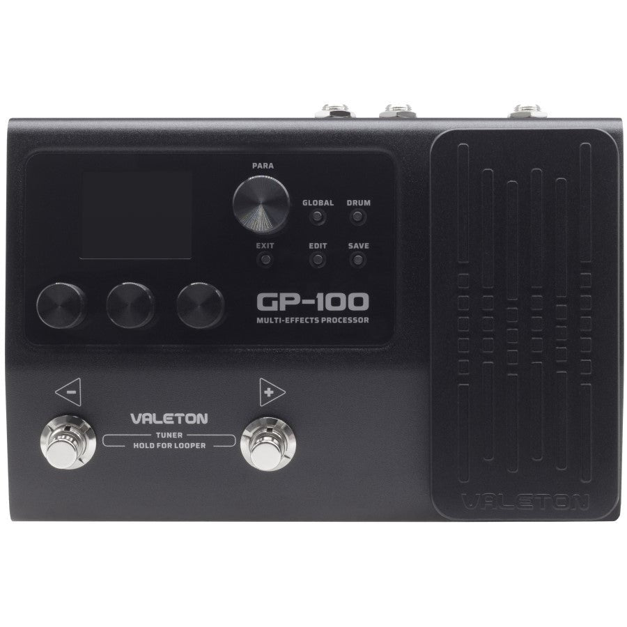 Valeton GP-100 top view showing control knobs and dual footswitches
