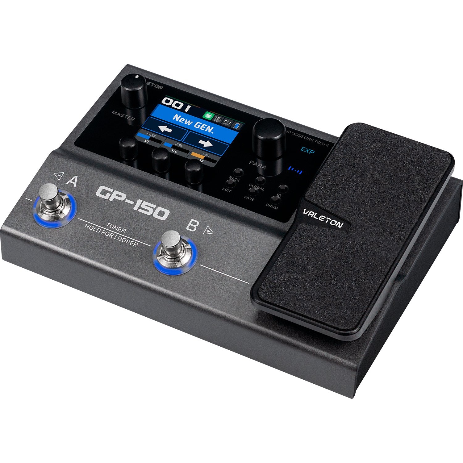 Valeton GP-150 angled three-quarter view with expression pedal and footswitches