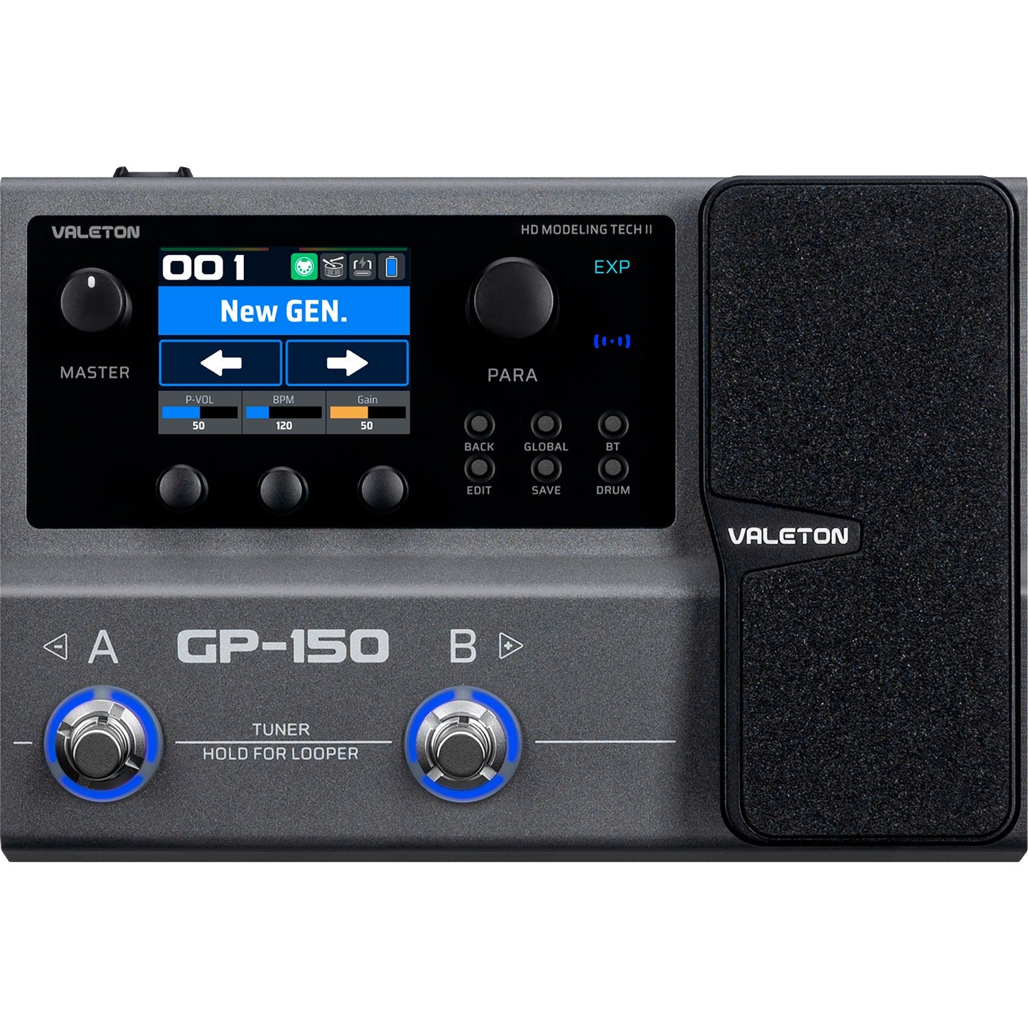 Valeton GP-150 multi-effects processor top view with color display and A/B footswitches