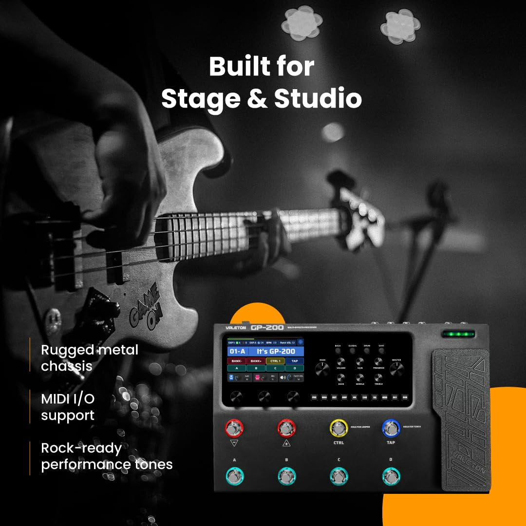 Infographic showing Valeton GP-200 built for stage and studio use with a bass player