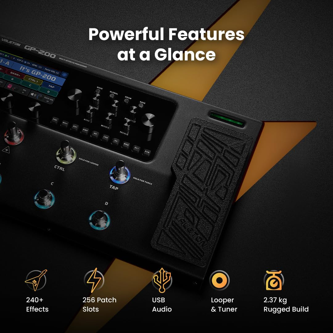 Infographic listing Valeton GP-200 features: 240+ effects, 256 patch slots, USB audio, looper and tuner, 2.37 kg build