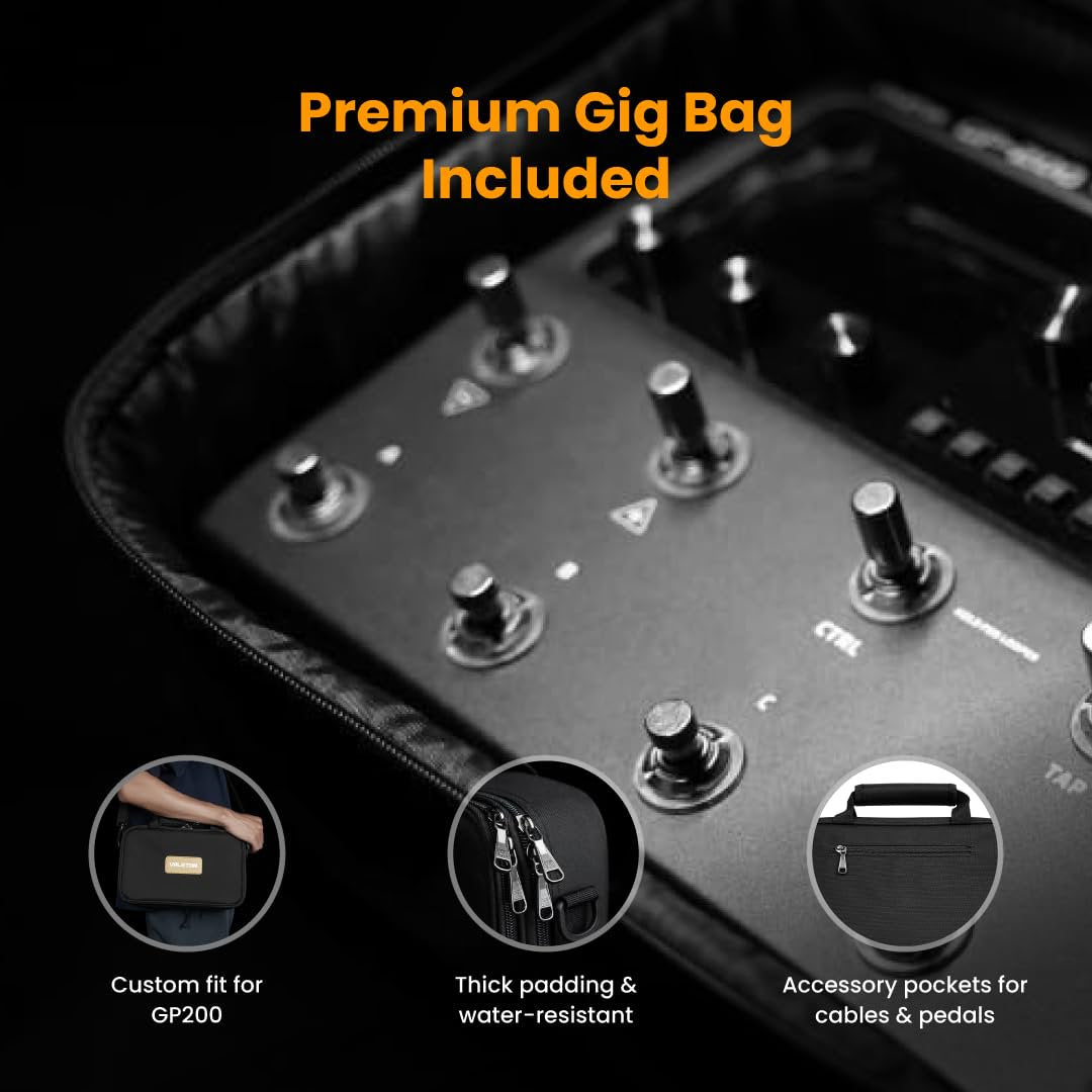 Infographic highlighting the included Valeton GP-200 gig bag's custom fit, padding and accessory pockets