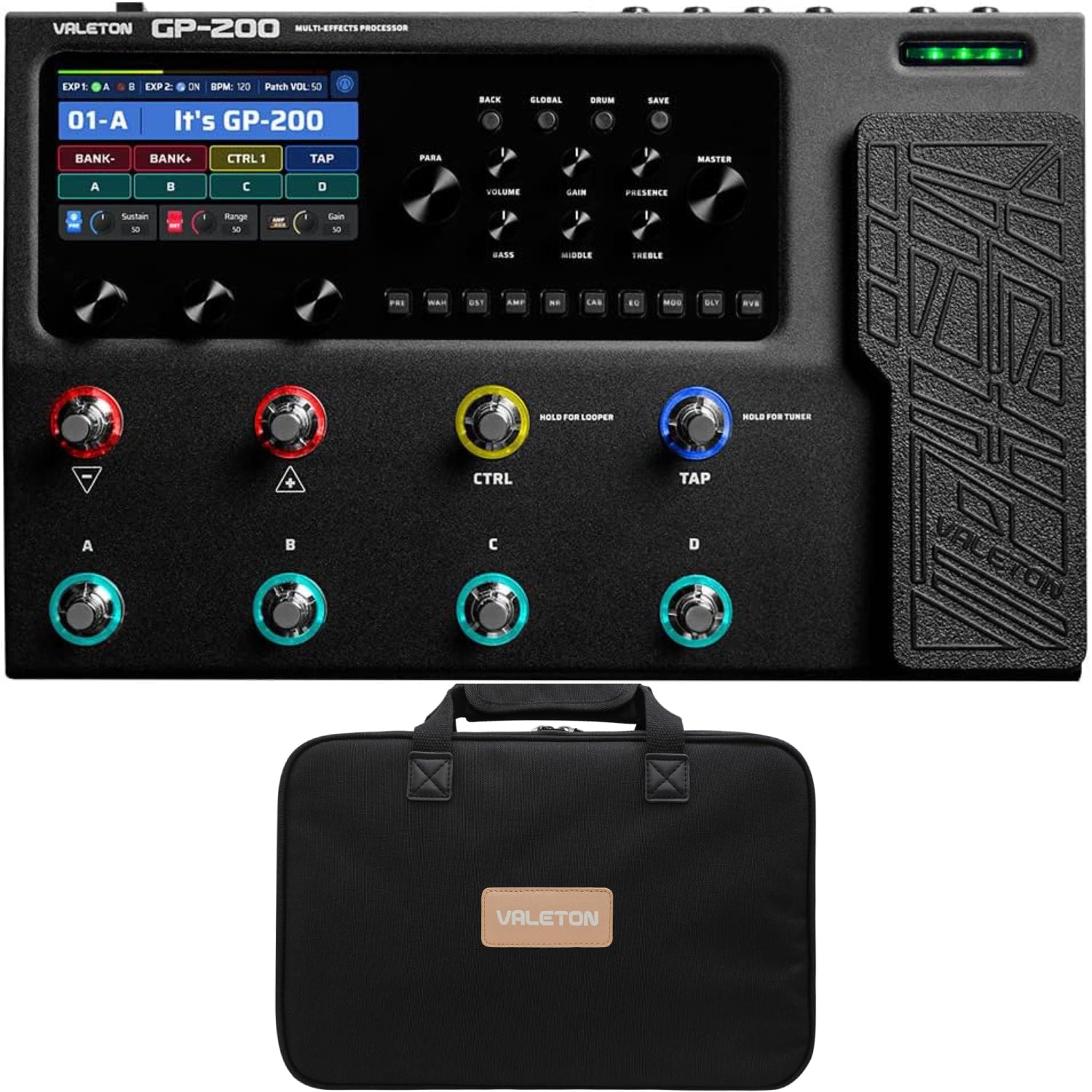 Valeton GP-200 multi-effects processor bundled with matching black carrying case