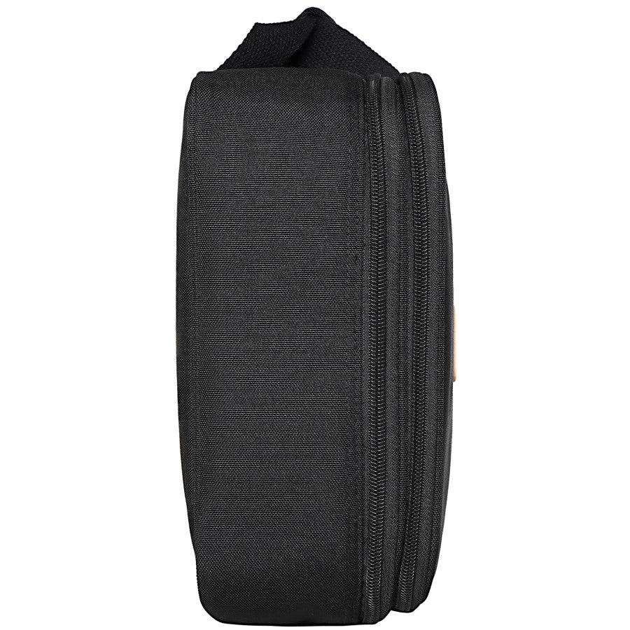 Black Valeton carrying case standing upright, side profile