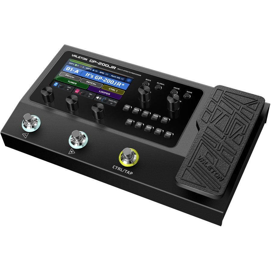 Valeton GP-200JR angled view with lit display and illuminated footswitches