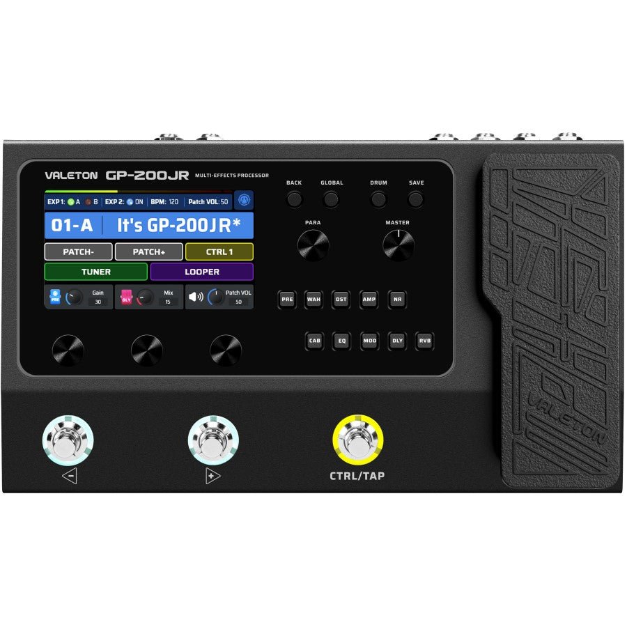Valeton GP-200JR multi-effects processor top view with display and footswitches