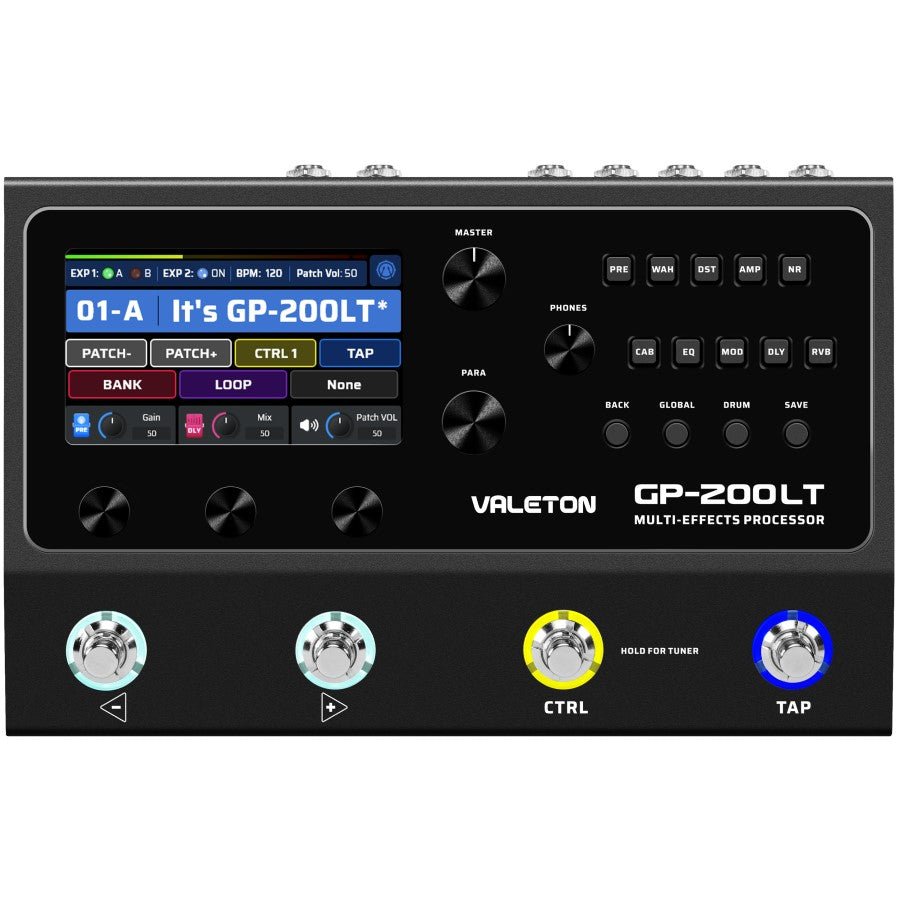 Valeton GP-200LT multi-effects processor top view with display and footswitches