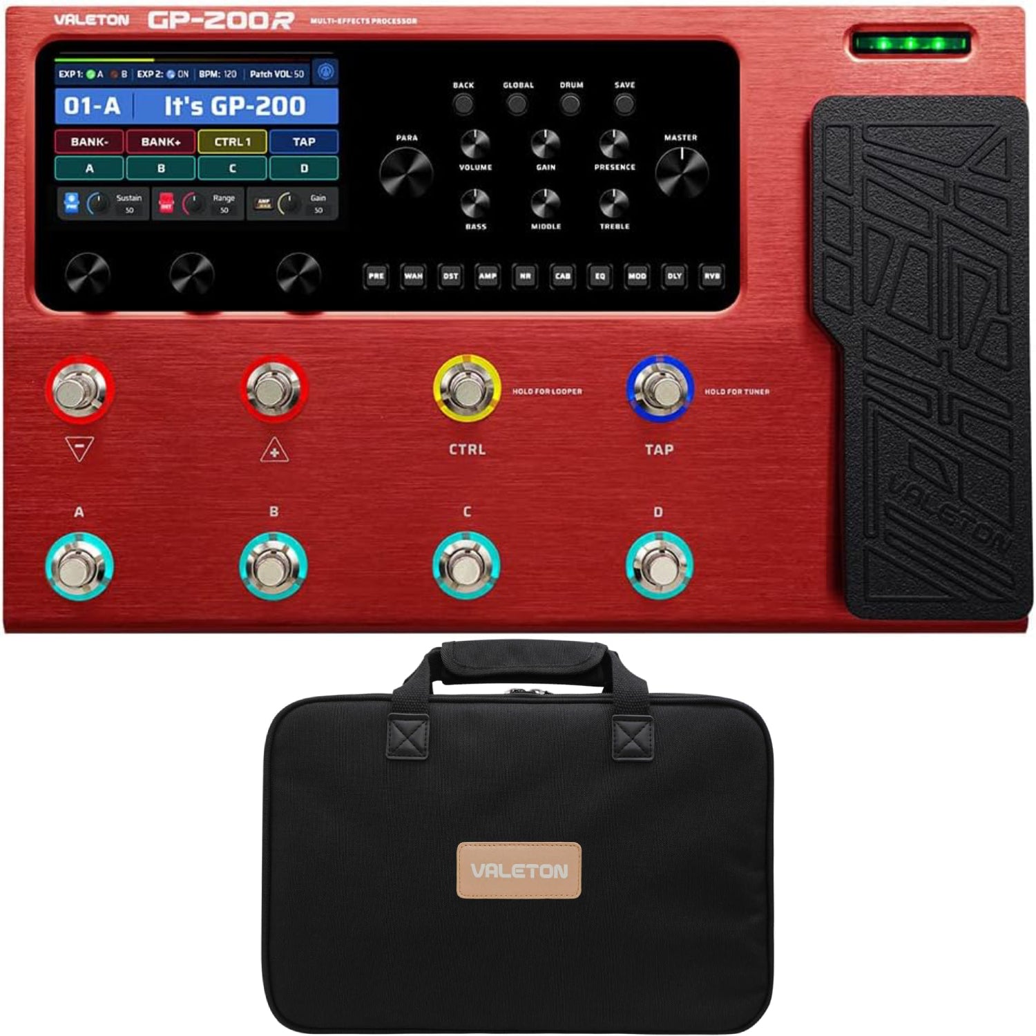 Valeton GP-200R red processor bundled with matching black carrying case