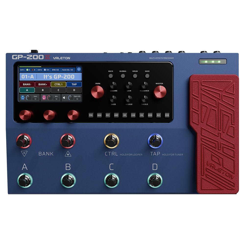 Valeton GP-200X blue multi-effects processor top view with display and footswitches