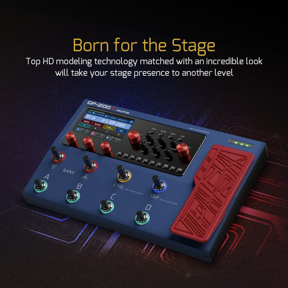 Infographic promoting Valeton GP-200X HD modeling technology for stage performance
