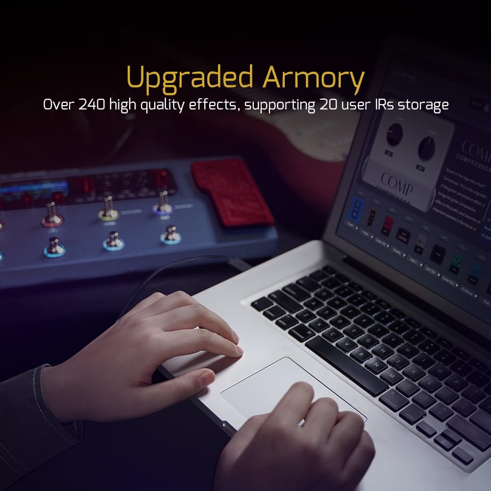 Infographic showing Valeton GP-200X with laptop, highlighting 240+ effects and IR storage
