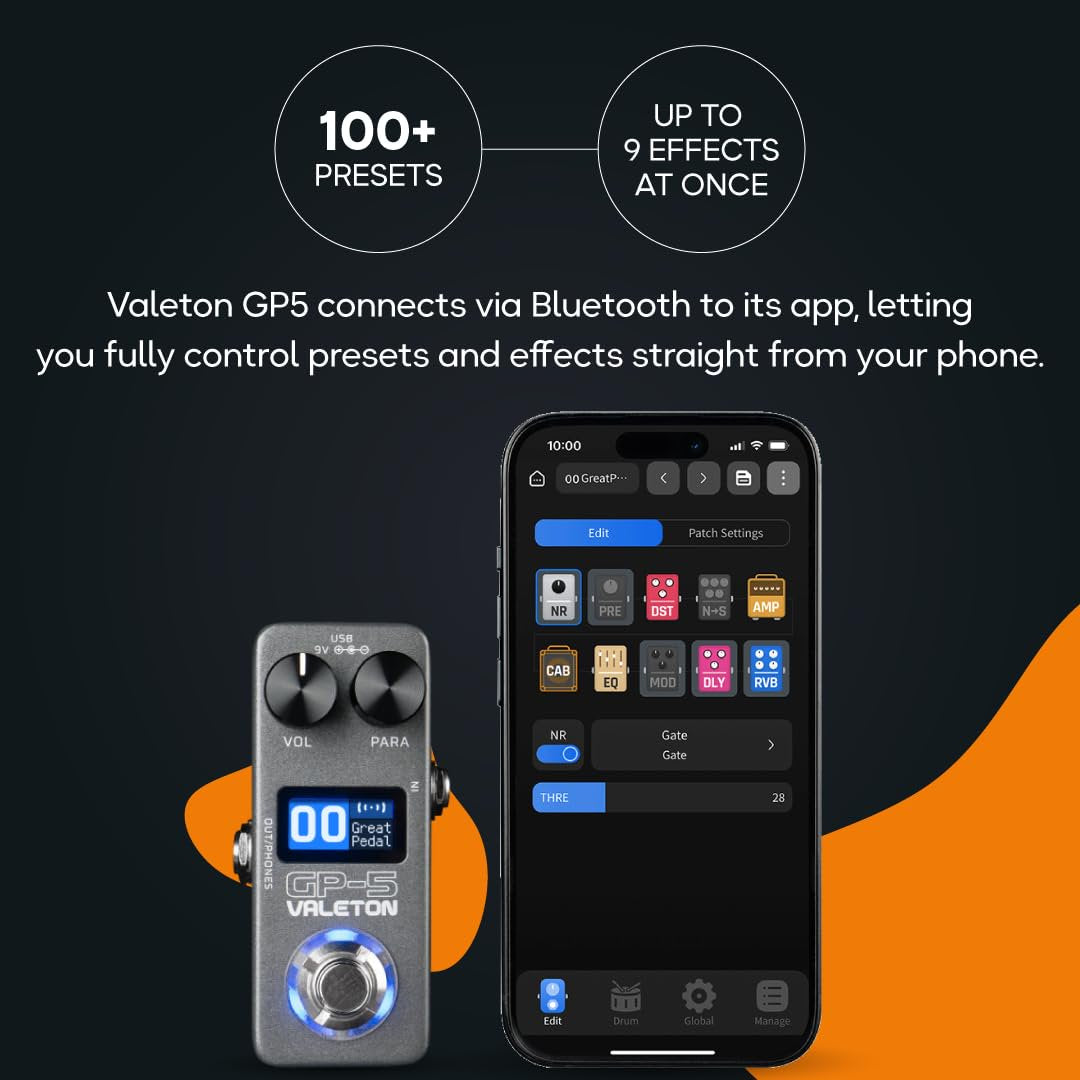 Valeton GP-5 pedal paired with smartphone app for Bluetooth preset control