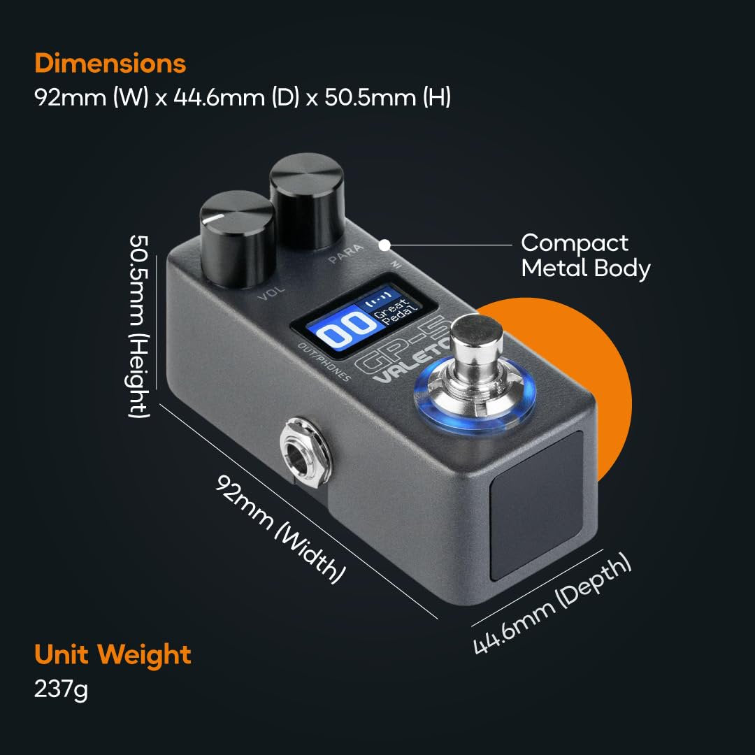 Diagram of Valeton GP-5 pedal dimensions and 237g weight