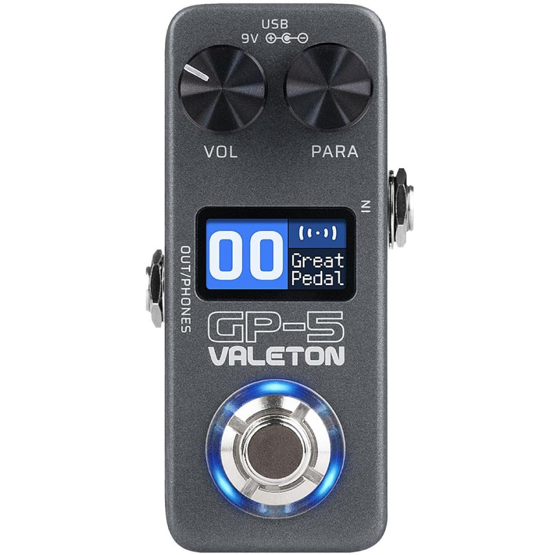 Valeton GP-5 compact multi-effects pedal, front view with VOL, PARA knobs and display