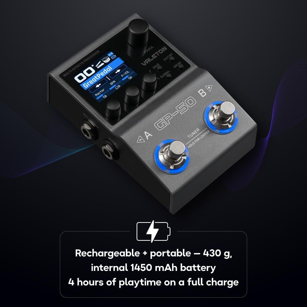 Valeton GP-50 pedal highlighting rechargeable internal battery with 4-hour playtime