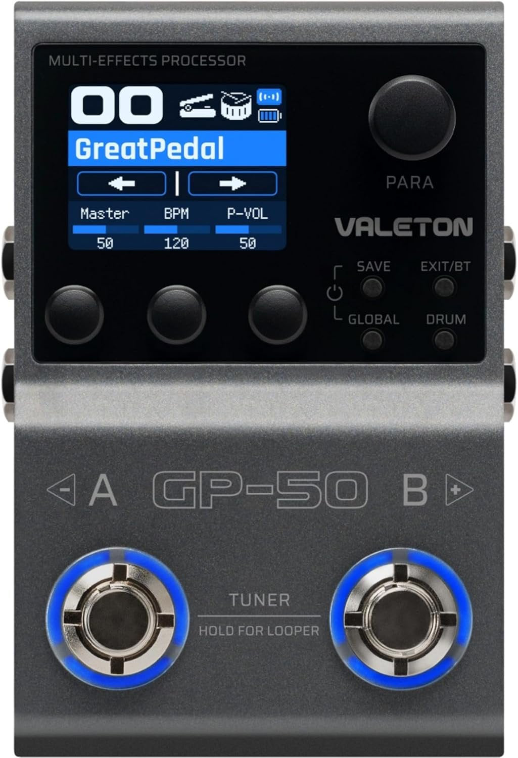 Valeton GP-50 multi-effects pedal, front view with dual footswitches and display