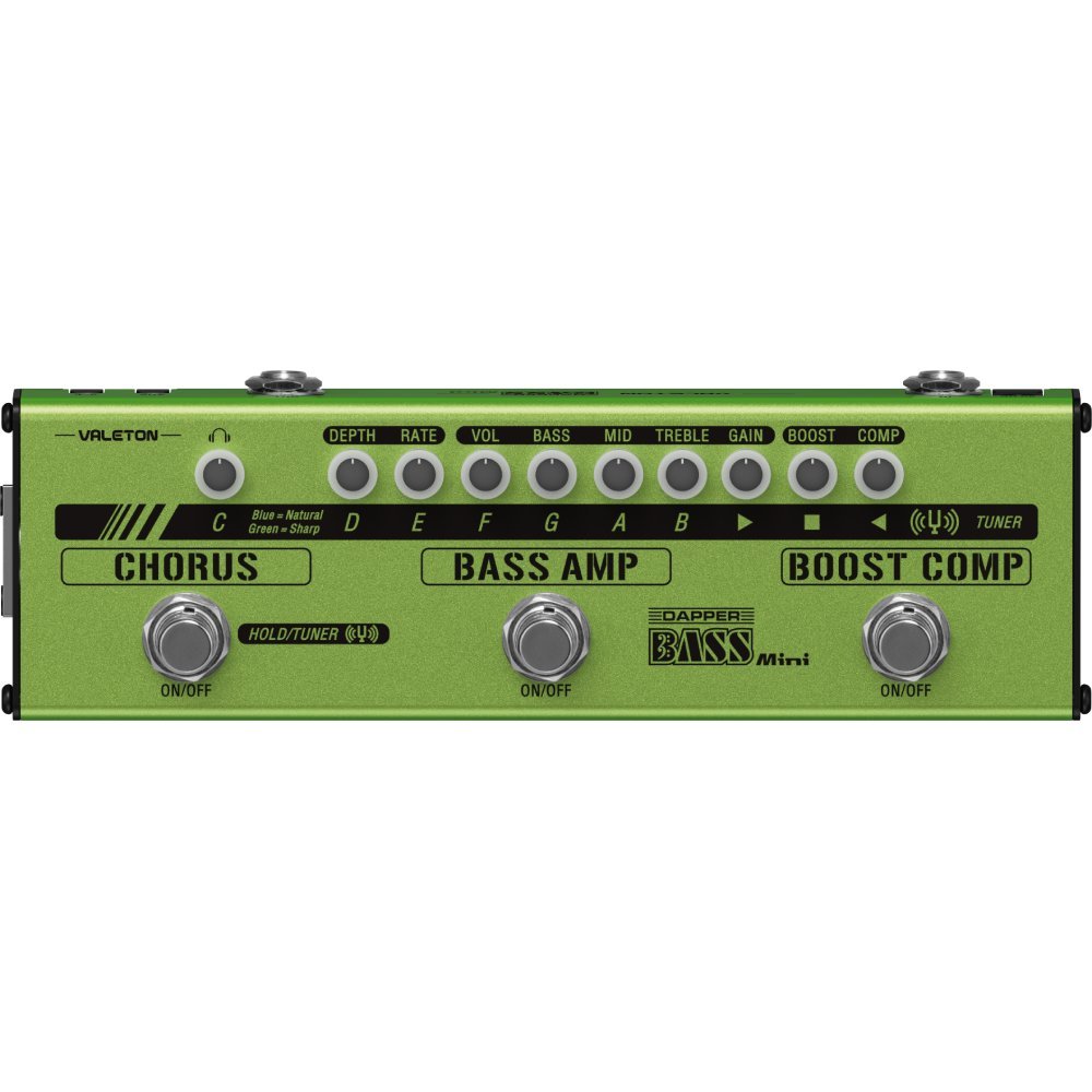 Valeton MES-2 Dapper Bass Mini green effect strip, top view with Chorus, Bass Amp, Boost Comp controls
