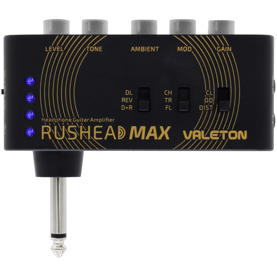 Valeton Rushead Max RH-100 guitar headphone amp, front view with gold accents and control knobs
