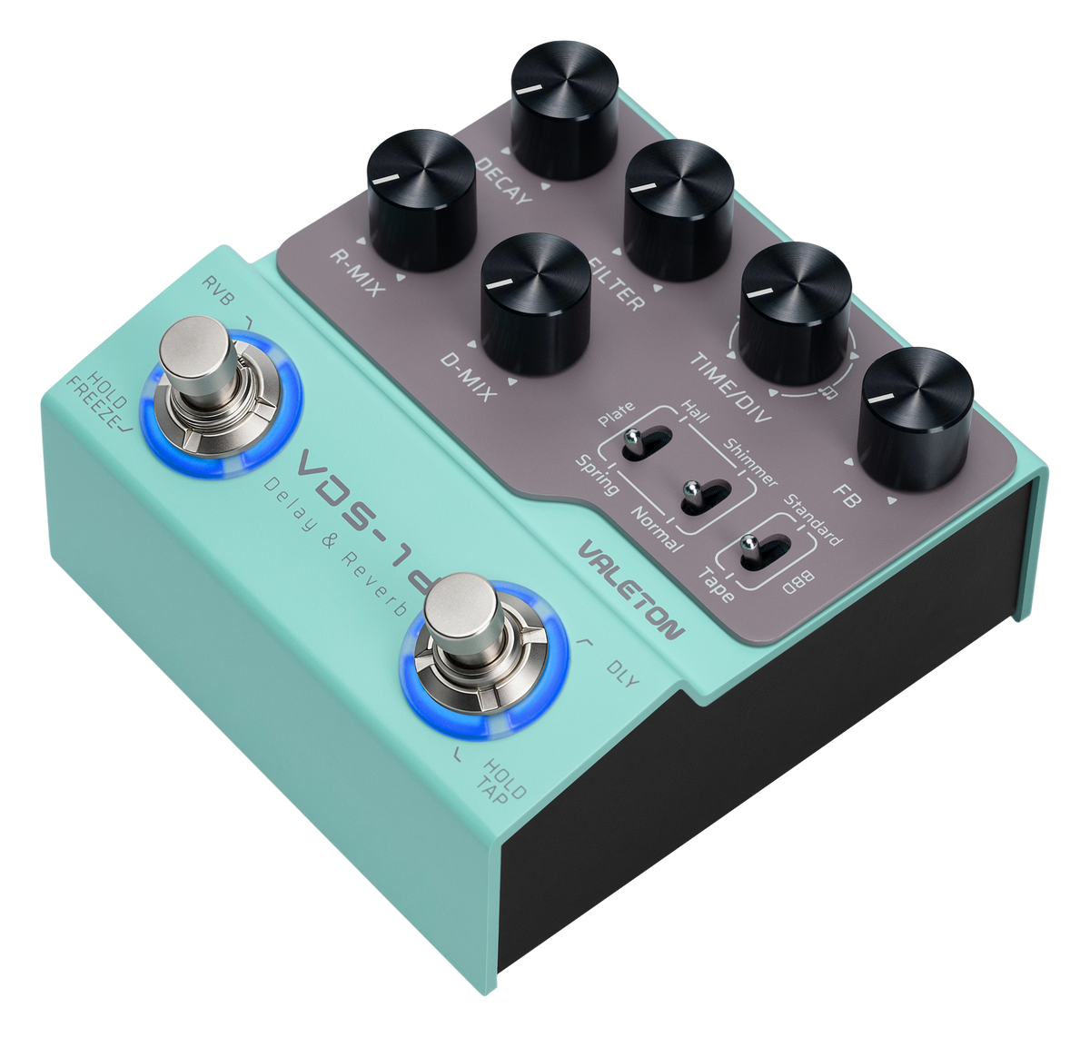Valeton VDS-1D Digital Delay & Reverb Pedal — angled view with lit footswitch rings