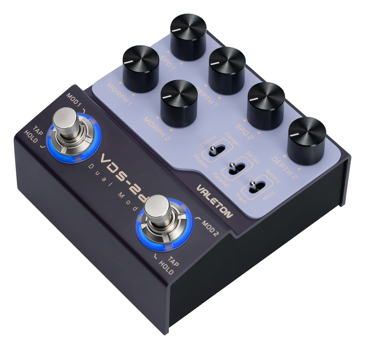 Valeton VDS-2D Digital Dual Modulation Pedal — angled view with lit footswitch rings