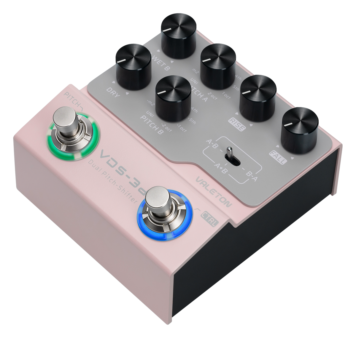 Valeton VDS-3D Digital Dual Pitch-Shifter Pedal — angled view with lit footswitch rings