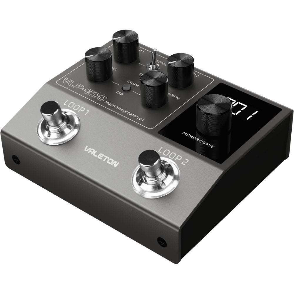 Valeton VLP-200 angled three-quarter view showing footswitches and display