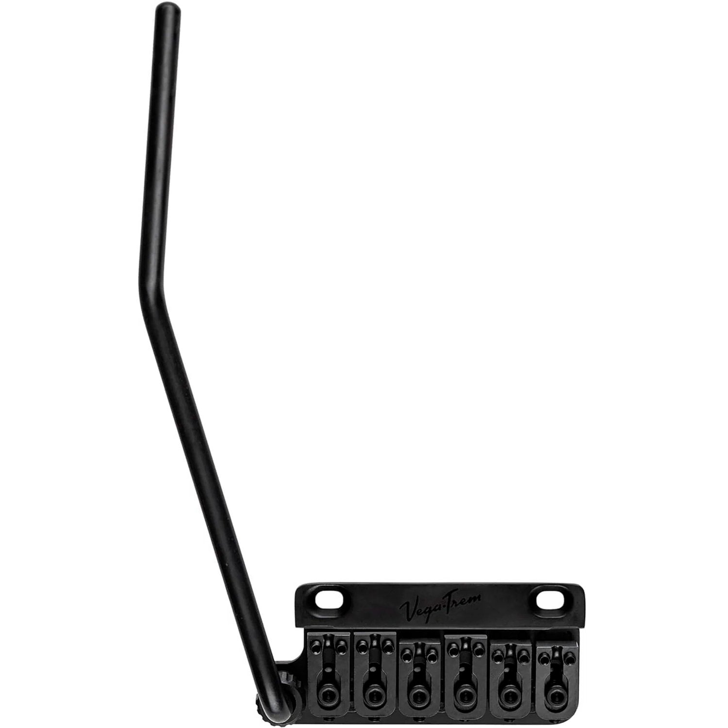 Vega-Trem VT1 Special 2-Point tremolo bridge for left-handed Strat-style guitars in black finish, front view with tremolo arm