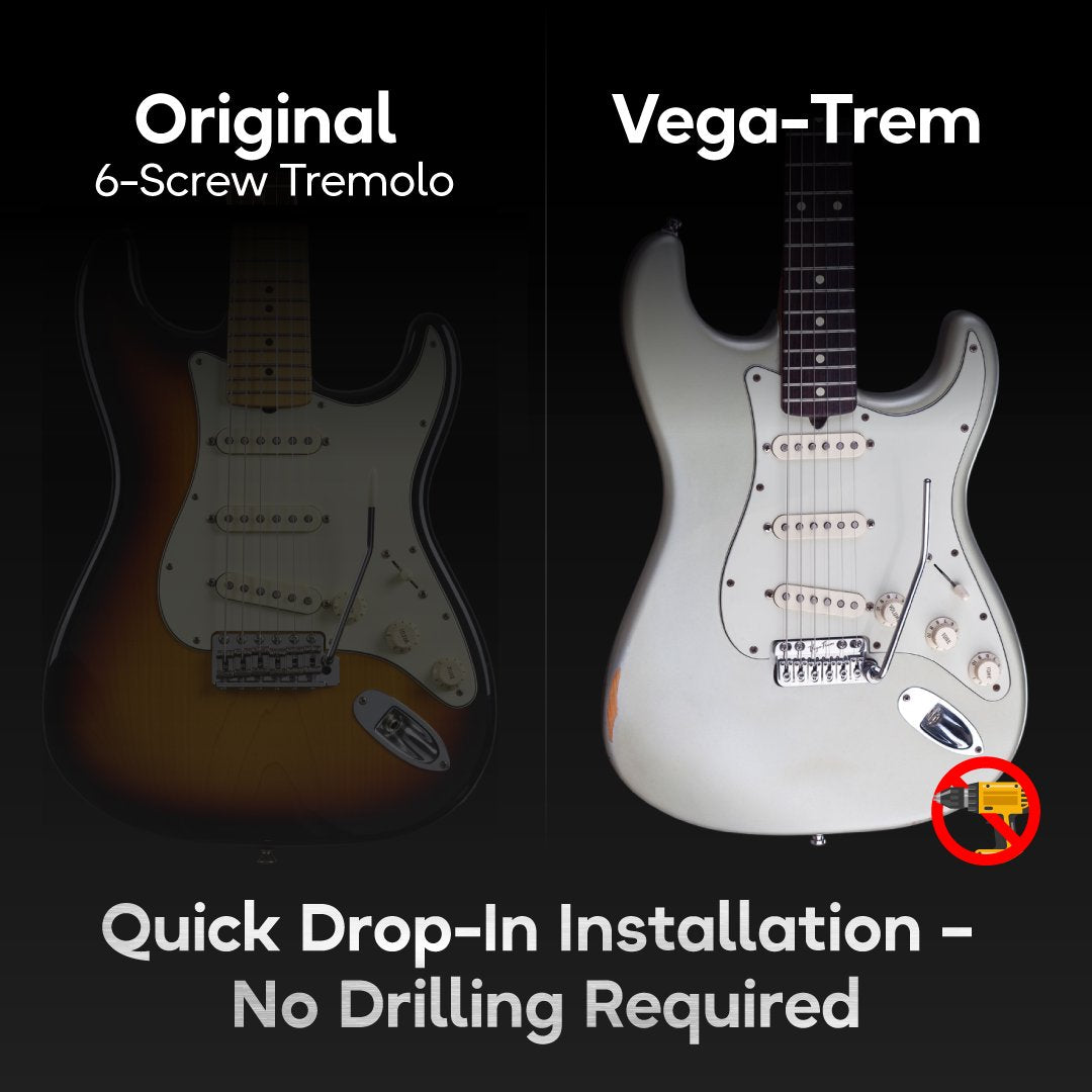 Vega-Trem VT1 Special 2-Point left-handed tremolo bridge — comparison graphic of original 6-screw tremolo vs Vega-Trem drop-in installation, no drilling required