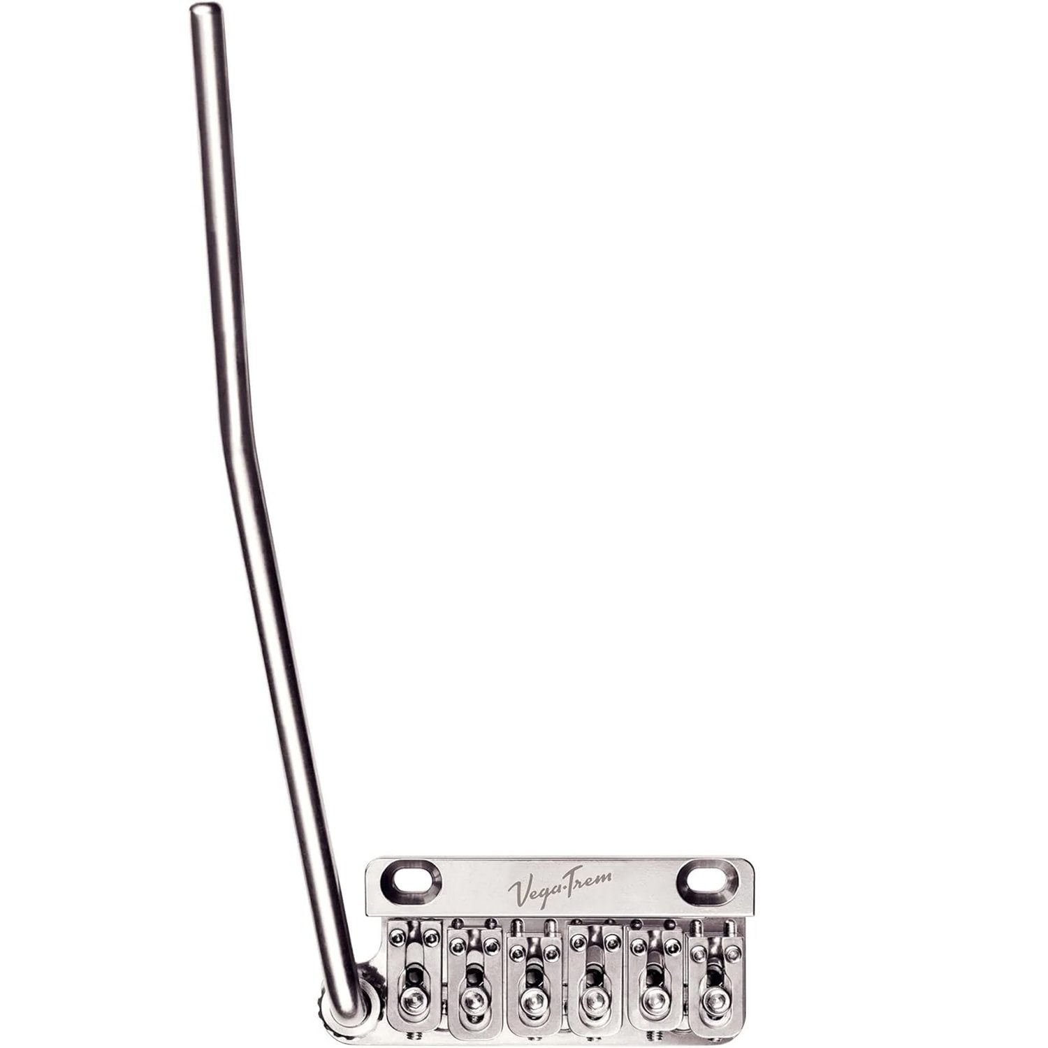 Vega-Trem VT1 Special 2-Point tremolo bridge for left-handed Strat-style guitars in glossy finish, front view with tremolo arm