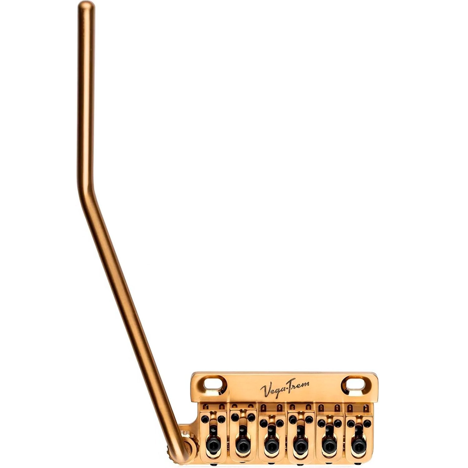 Vega-Trem VT1 Special 2-Point tremolo bridge for left-handed Strat-style guitars in gold finish, front view with tremolo arm