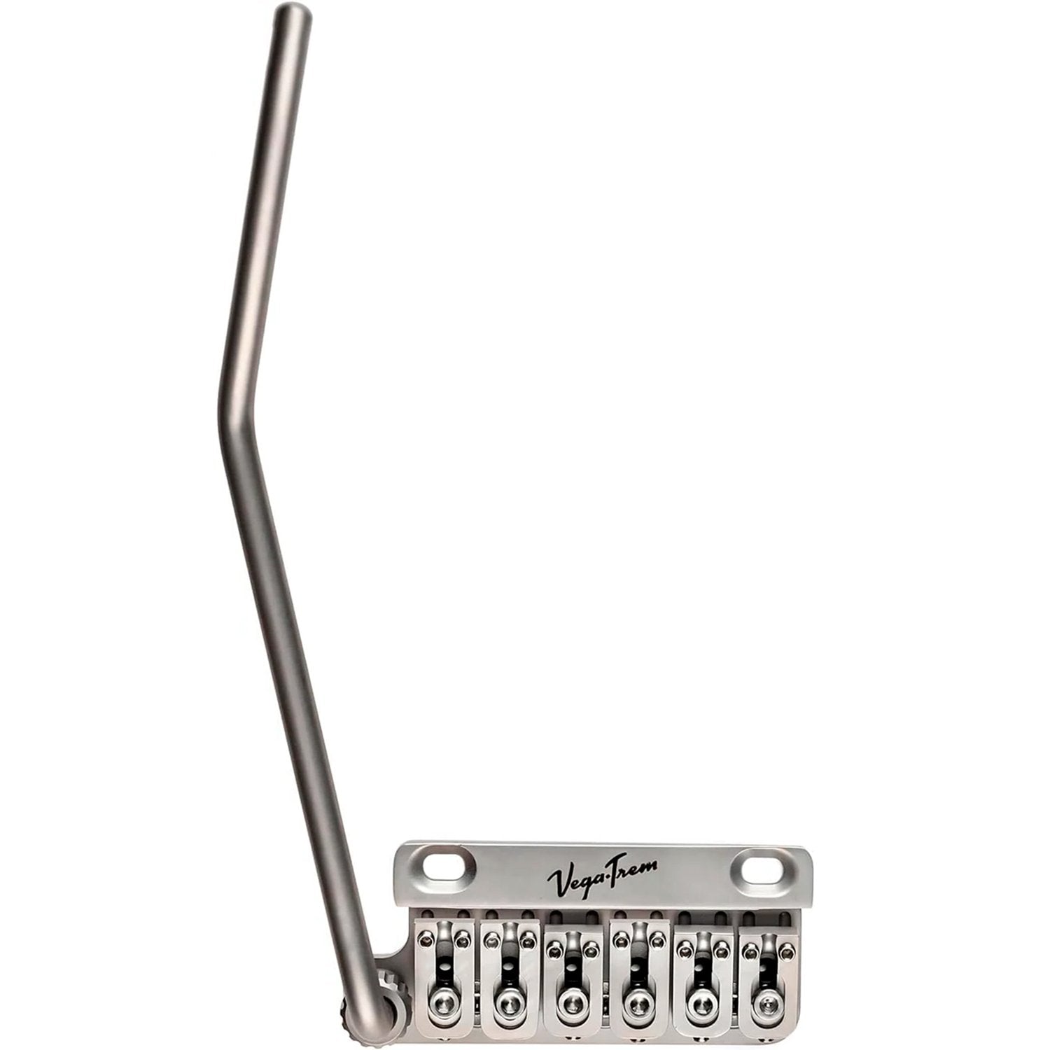 Vega-Trem VT1 Special 2-Point tremolo bridge for left-handed Strat-style guitars in satin finish, front view with tremolo arm
