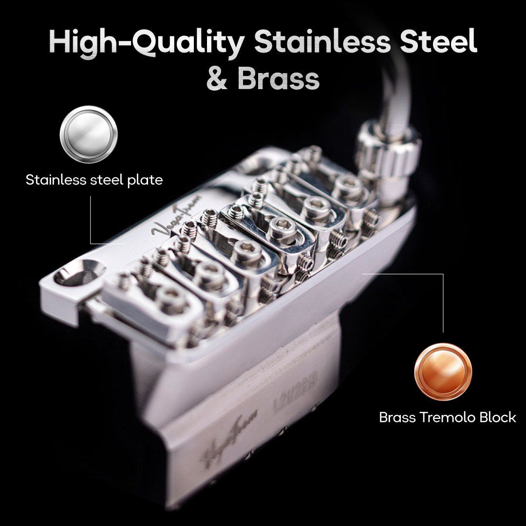 Vega-Trem VT1 Special 2-Point left-handed tremolo bridge — materials detail graphic showing stainless steel plate and brass tremolo block callouts