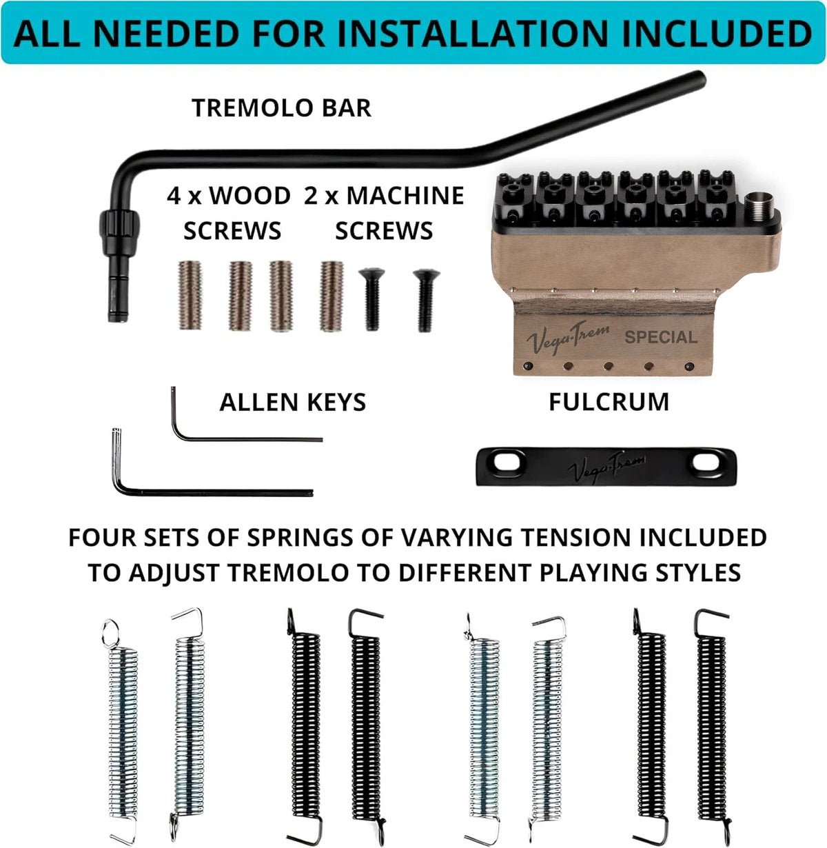 Vega-Trem VT1 Special installation hardware kit in black finish: tremolo bar, screws, allen keys, fulcrum plate, and tension springs
