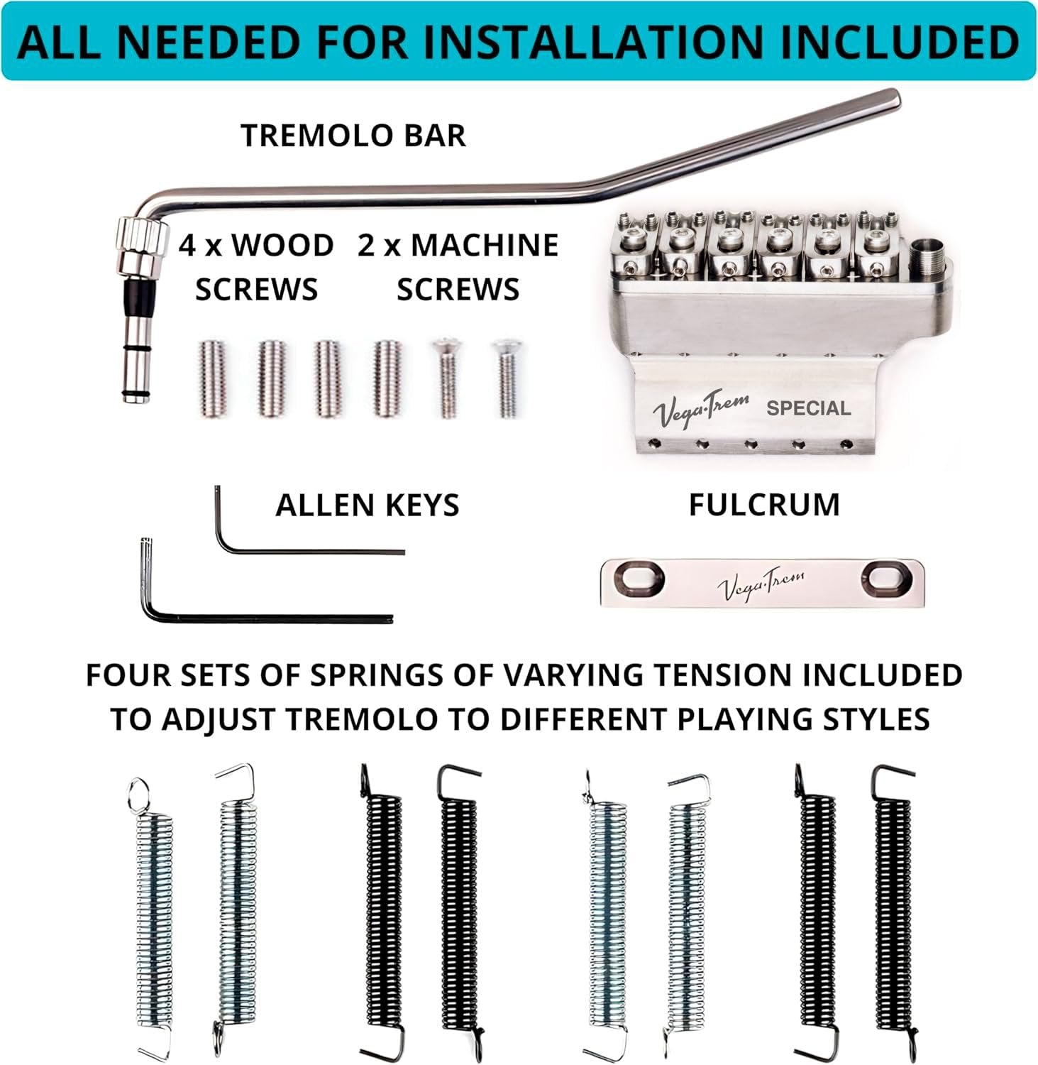 Vega-Trem VT1 Special installation hardware kit in glossy finish: tremolo bar, screws, allen keys, fulcrum plate, and tension springs