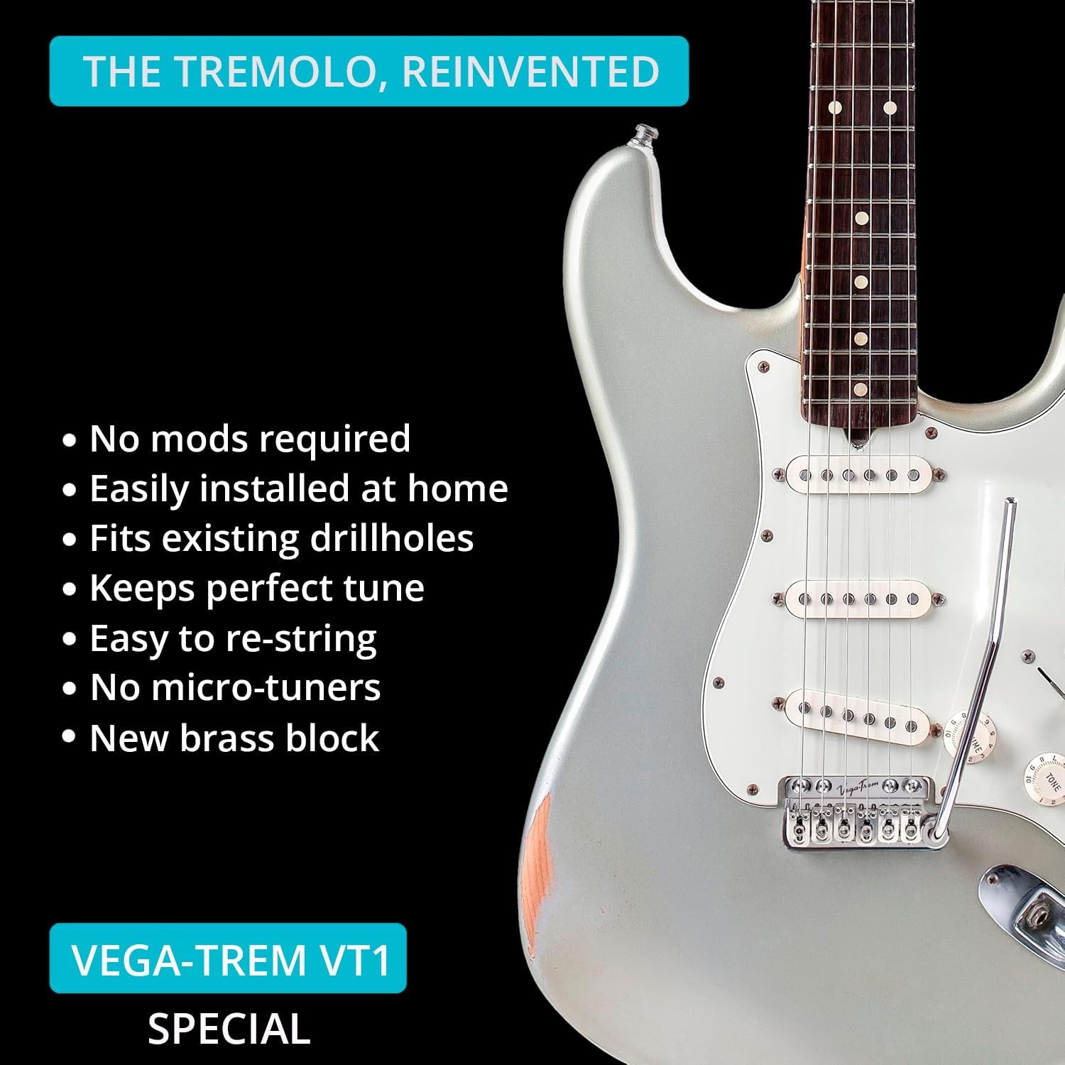 Vega-Trem VT1 Special 2-Point bridge installed on a guitar, lifestyle photo with list of installation and performance benefits