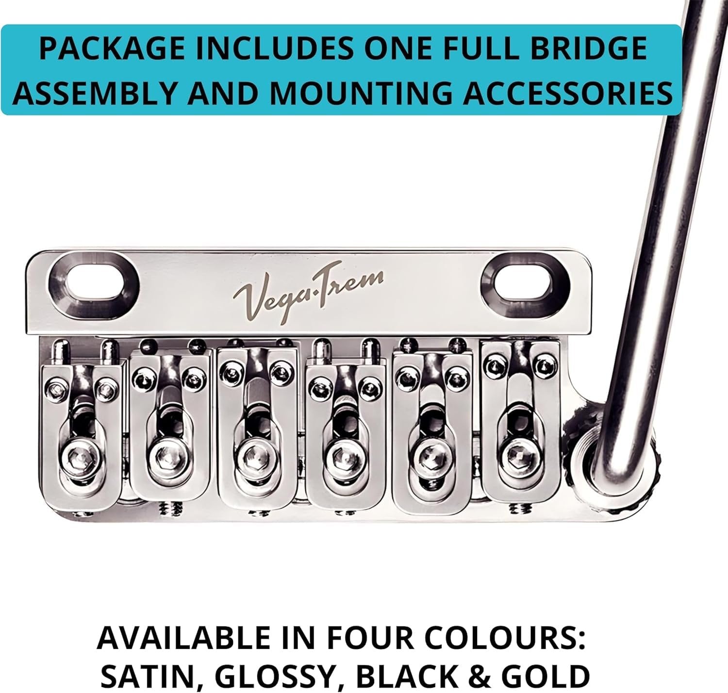 Vega-Trem VT1 Special 2-Point bridge assembly with tremolo arm in glossy finish, package contents graphic listing four available colors