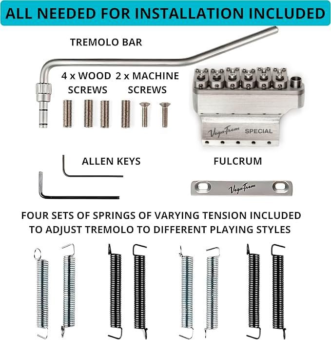 Vega-Trem VT1 Special installation hardware kit in satin finish: tremolo bar, screws, allen keys, fulcrum plate, and tension springs
