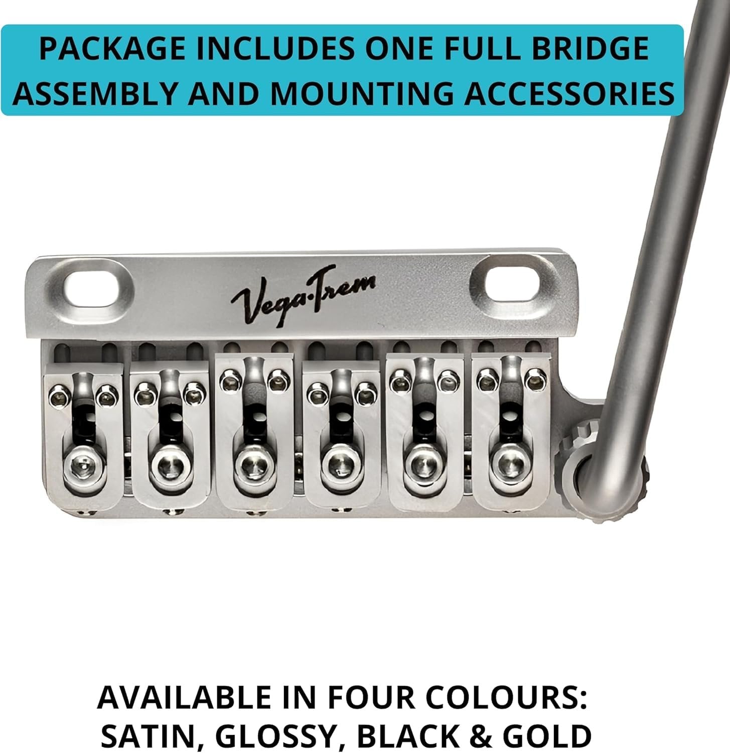 Vega-Trem VT1 Special 2-Point bridge assembly with tremolo arm in satin finish, package contents graphic listing four available colors