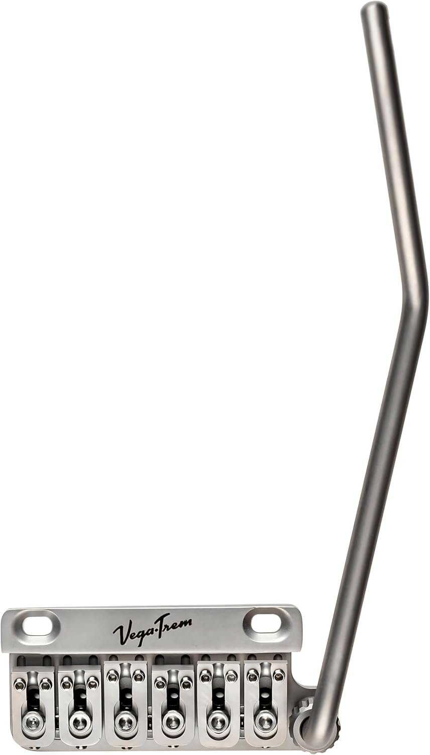 Vega-Trem VT1 Special 2-Point right-handed tremolo bridge in satin finish, side profile with tremolo arm