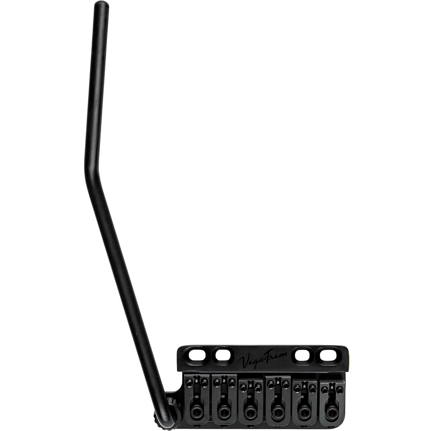 Vega-Trem VT1 Special 6-Screw tremolo bridge for left-handed Strat-style guitars in black finish, front view with tremolo arm