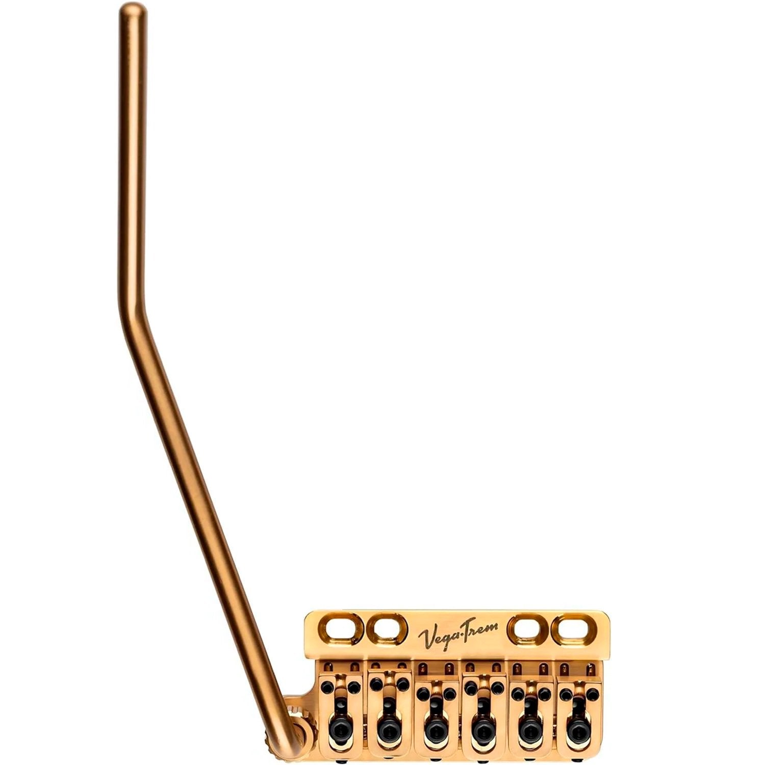 Vega-Trem VT1 Special 6-Screw tremolo bridge for left-handed Strat-style guitars in gold finish, front view with tremolo arm