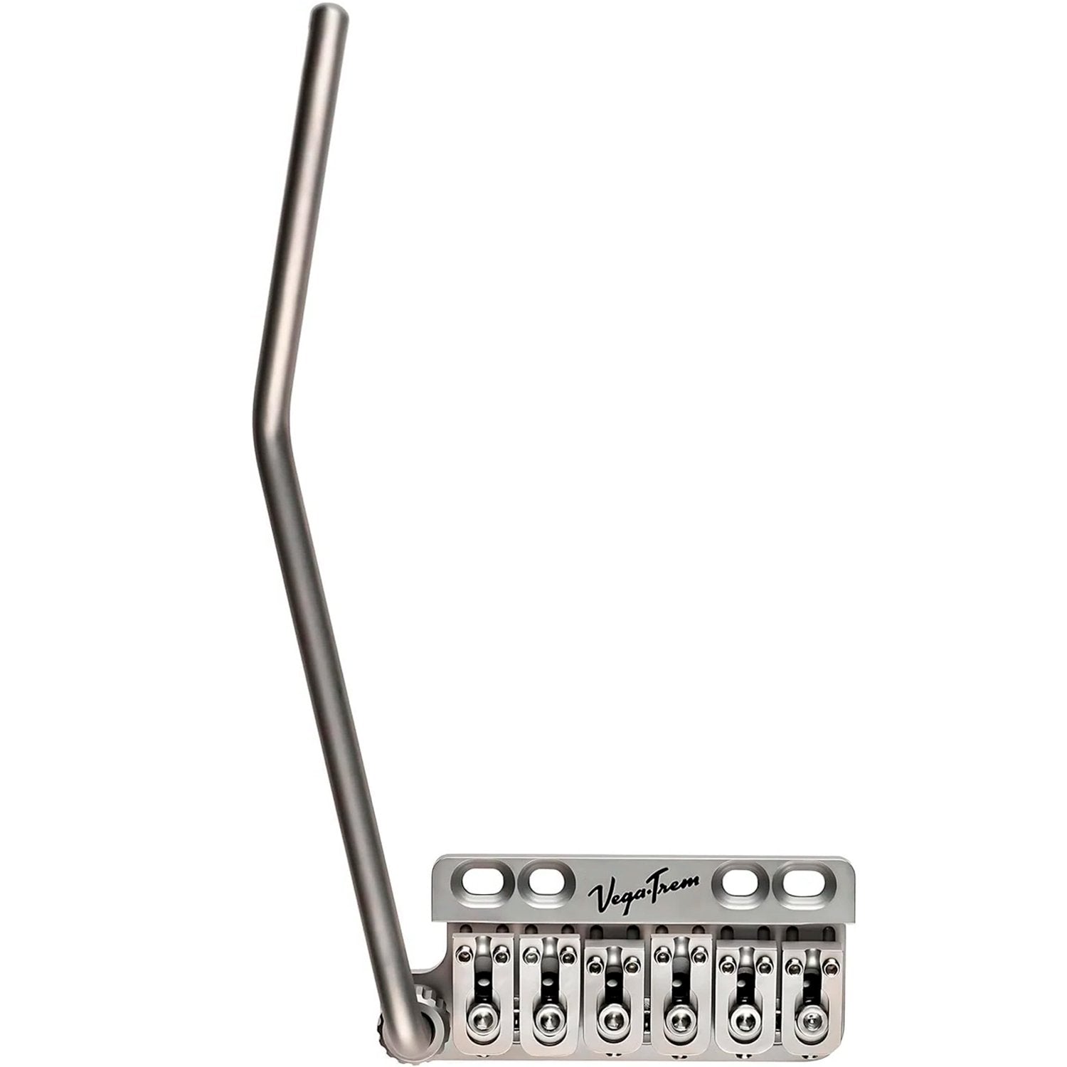 Vega-Trem VT1 Special 6-Screw tremolo bridge for left-handed Strat-style guitars in satin finish, front view with tremolo arm
