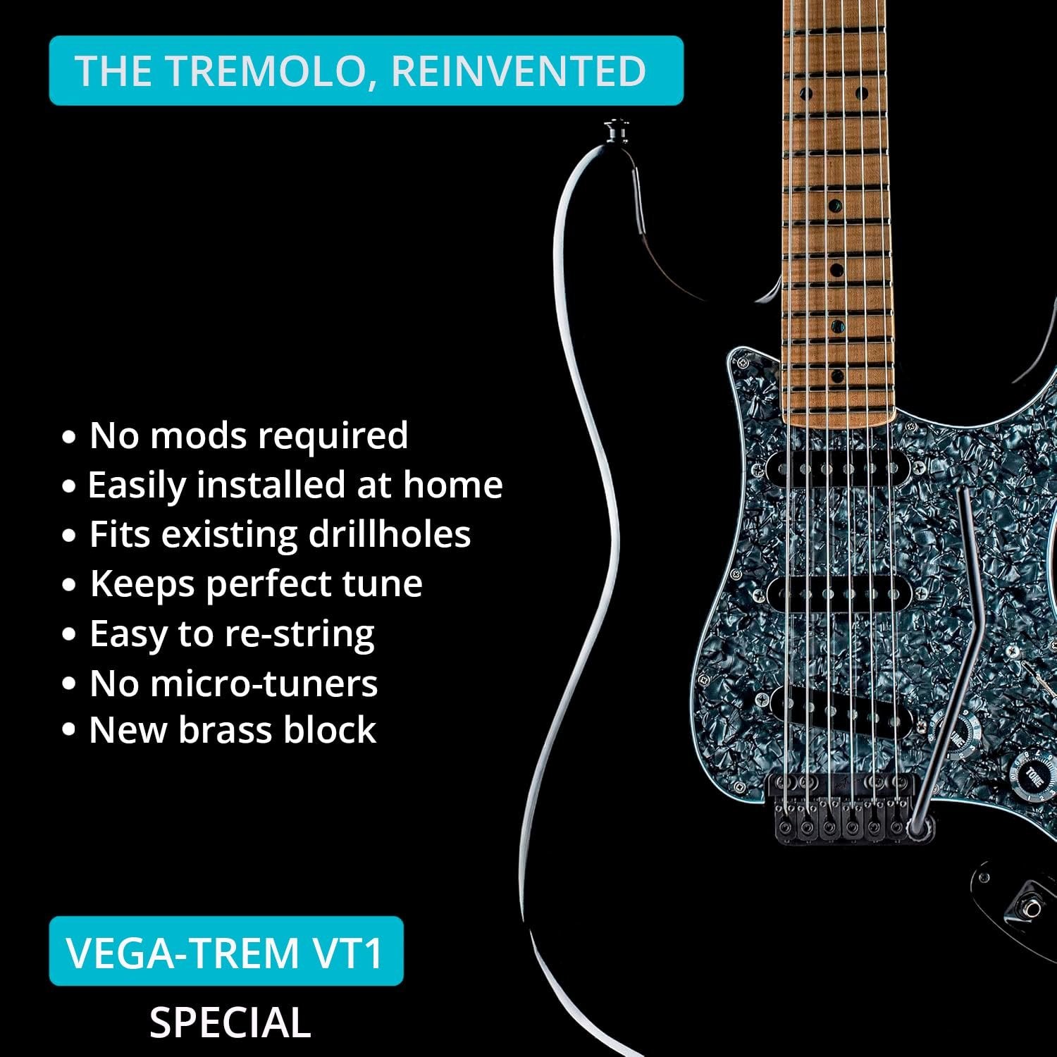 Vega-Trem VT1 Special 6-Screw bridge installed on a guitar, lifestyle photo with list of installation and performance benefits