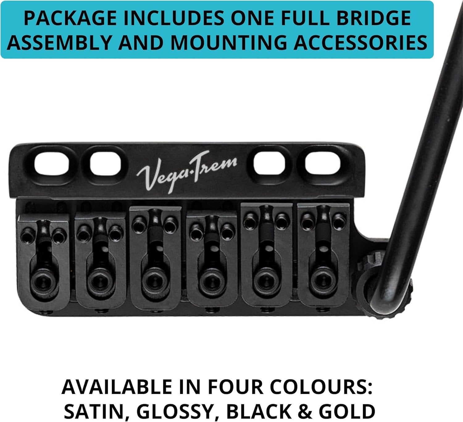 Vega-Trem VT1 Special 6-Screw bridge assembly with tremolo arm in black finish, package contents graphic listing four available colors
