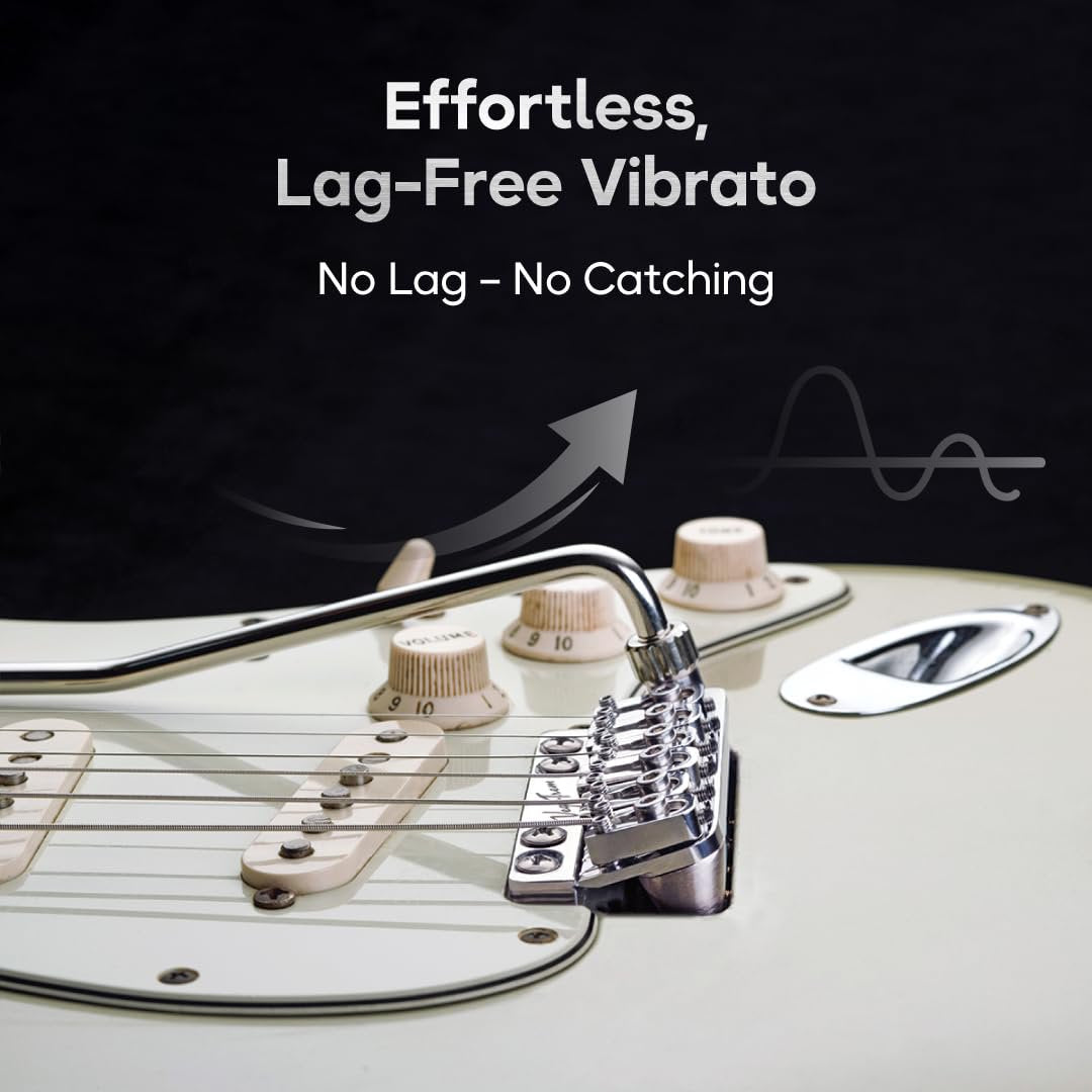Vega-Trem VT1 Special 6-Screw bridge installed on a guitar, lifestyle photo with list of installation and performance benefits