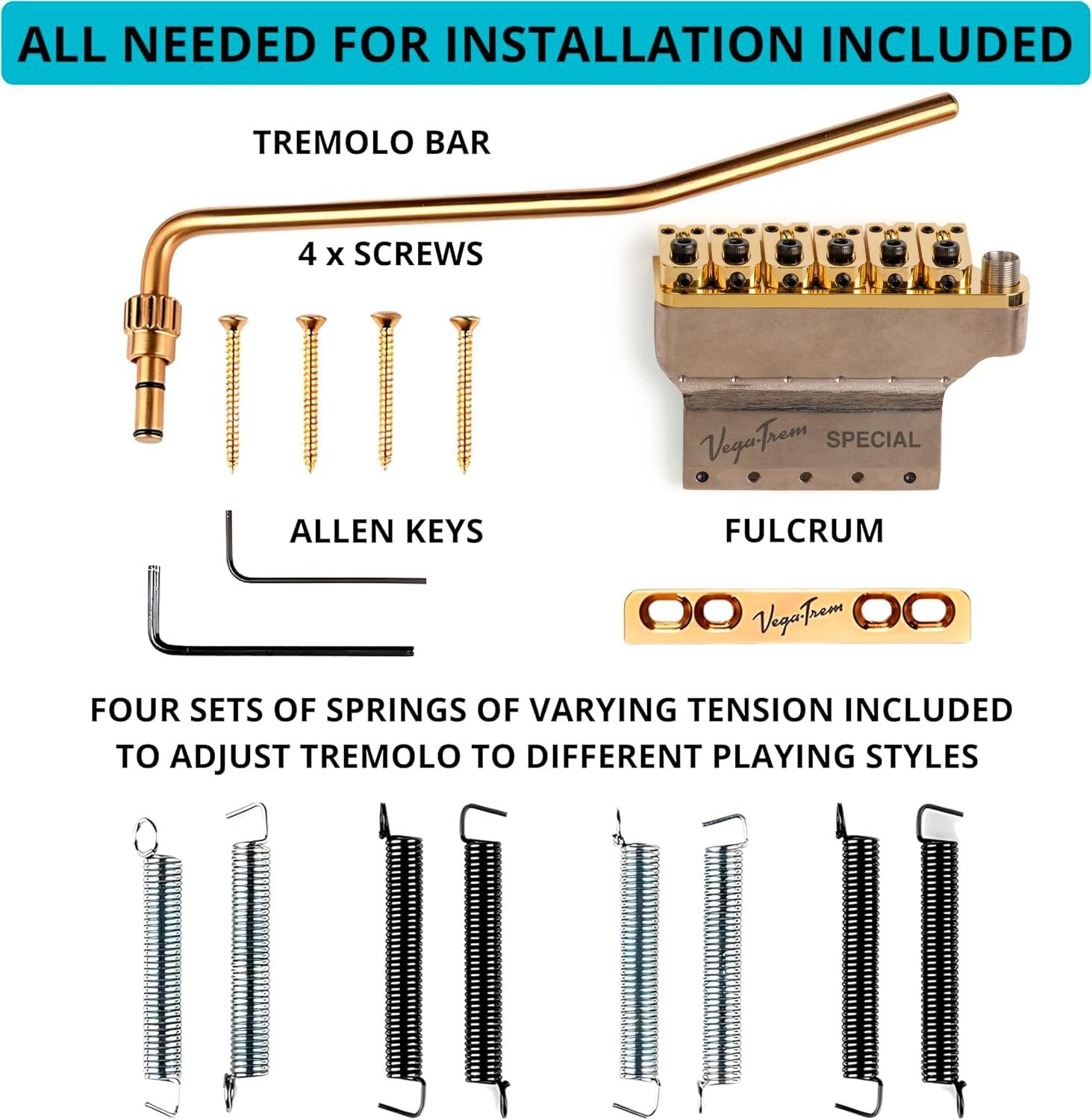Vega-Trem VT1 Special installation hardware kit in gold finish: tremolo bar, screws, allen keys, fulcrum plate, and tension springs