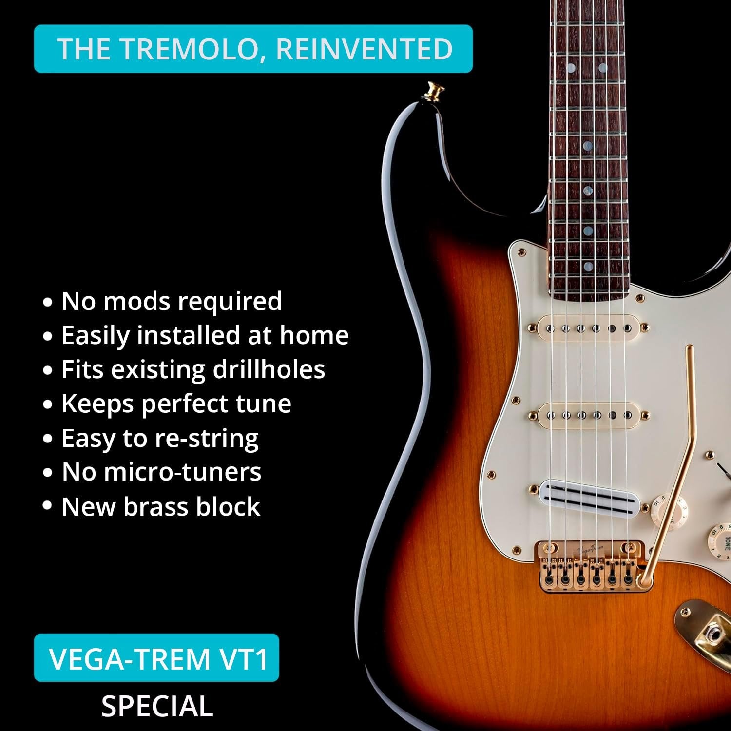 Vega-Trem VT1 Special 6-Screw bridge installed on a guitar, lifestyle photo with list of installation and performance benefits