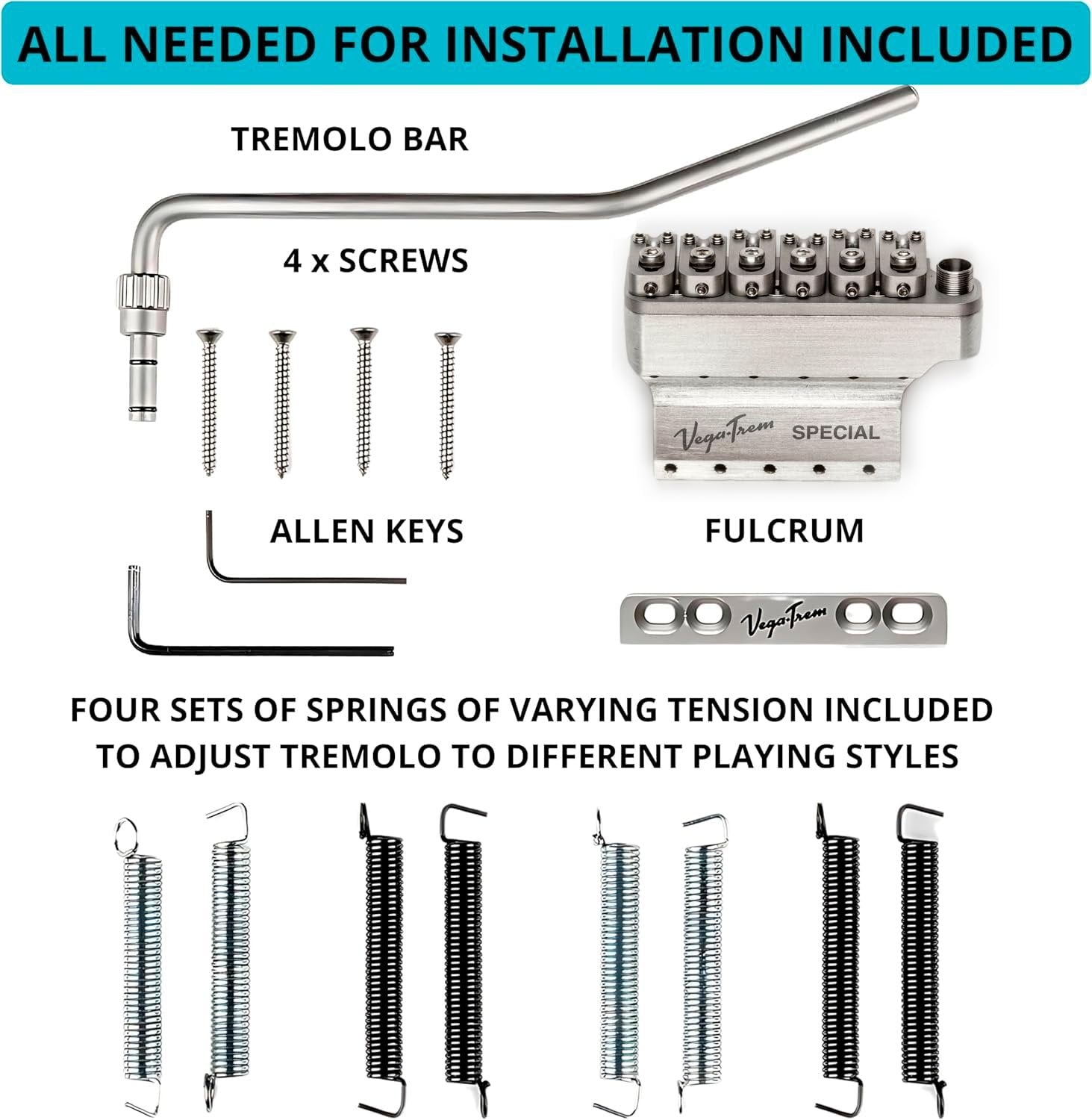 Vega-Trem VT1 Special installation hardware kit in satin finish: tremolo bar, screws, allen keys, fulcrum plate, and tension springs