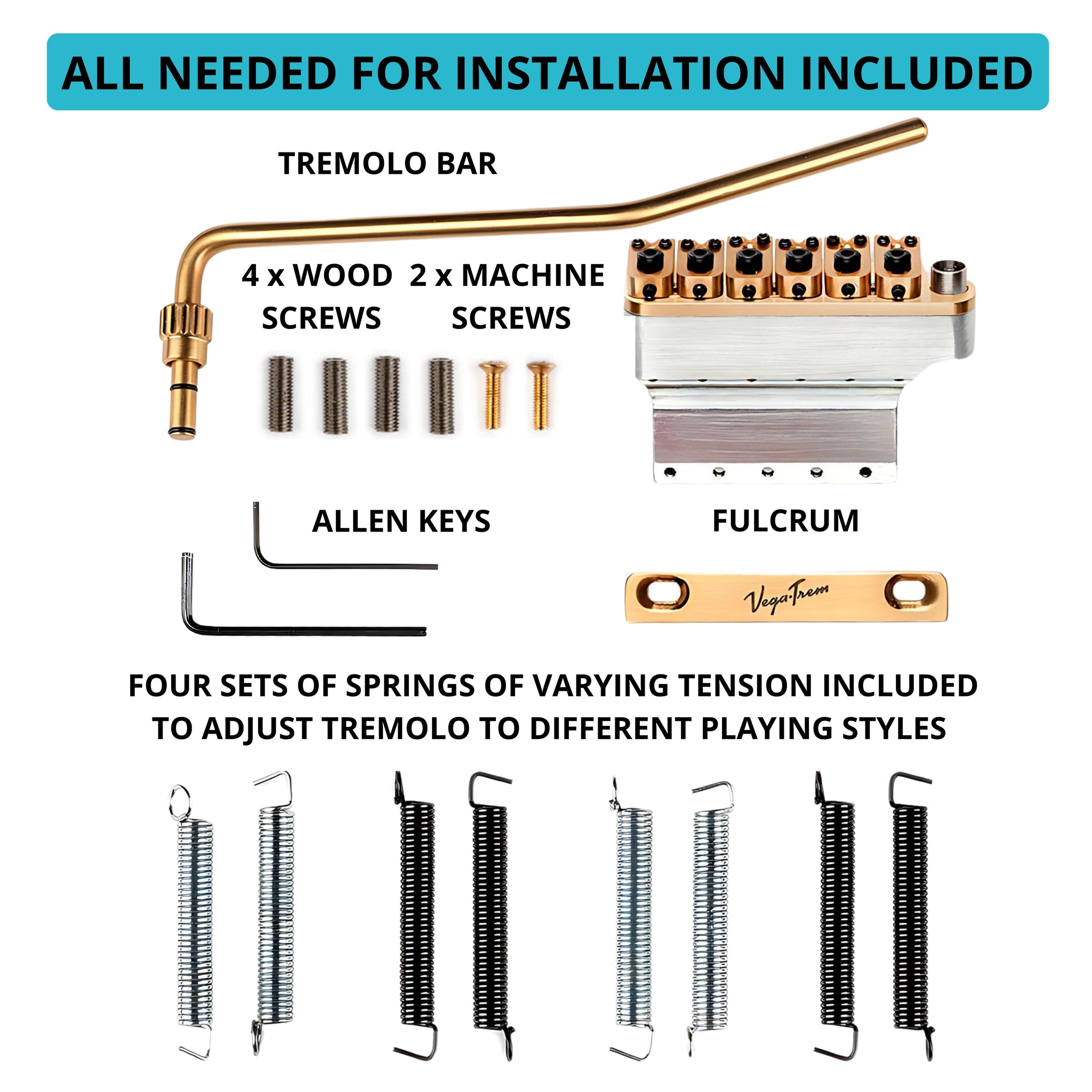 VT1 Ultra Trem 2-Point Gold installation kit with arm, wood and machine screws, fulcrum, Allen keys and four spring sets